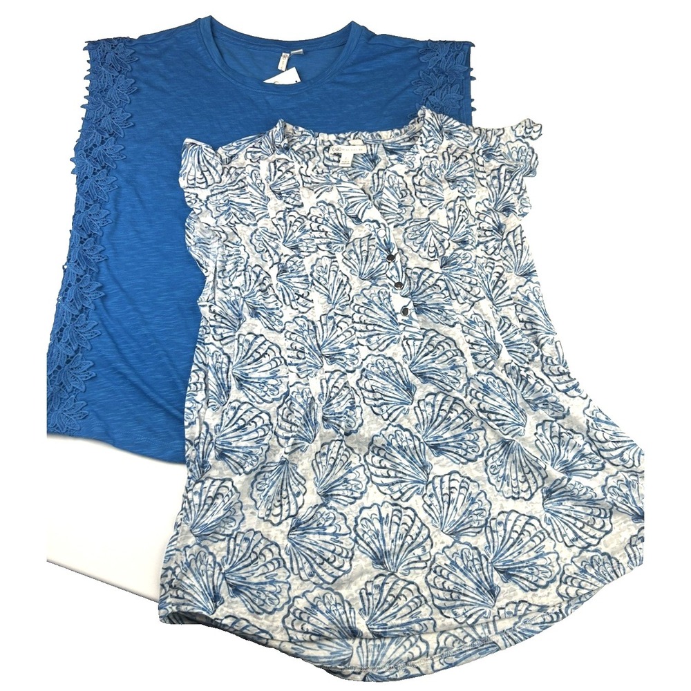 NWT Set of 2 Cato Short Sleeve Coastal Grandma Ruffle Casual Boho Size L